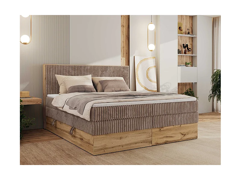Boxspringbett WOOD CLASSIC KING - Polsterbett mit hohe Kopfteil, zwei Multipocket-Matratze, Bettkästen - 200x200 cm - H4 - Braun Cord