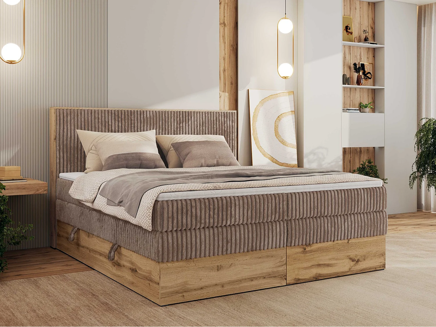 Boxspringbett WOOD CLASSIC KING - Polsterbett mit hohe Kopfteil, zwei Multipocket-Matratze, Bettkästen - 200x200 cm - H4 - Braun Cord