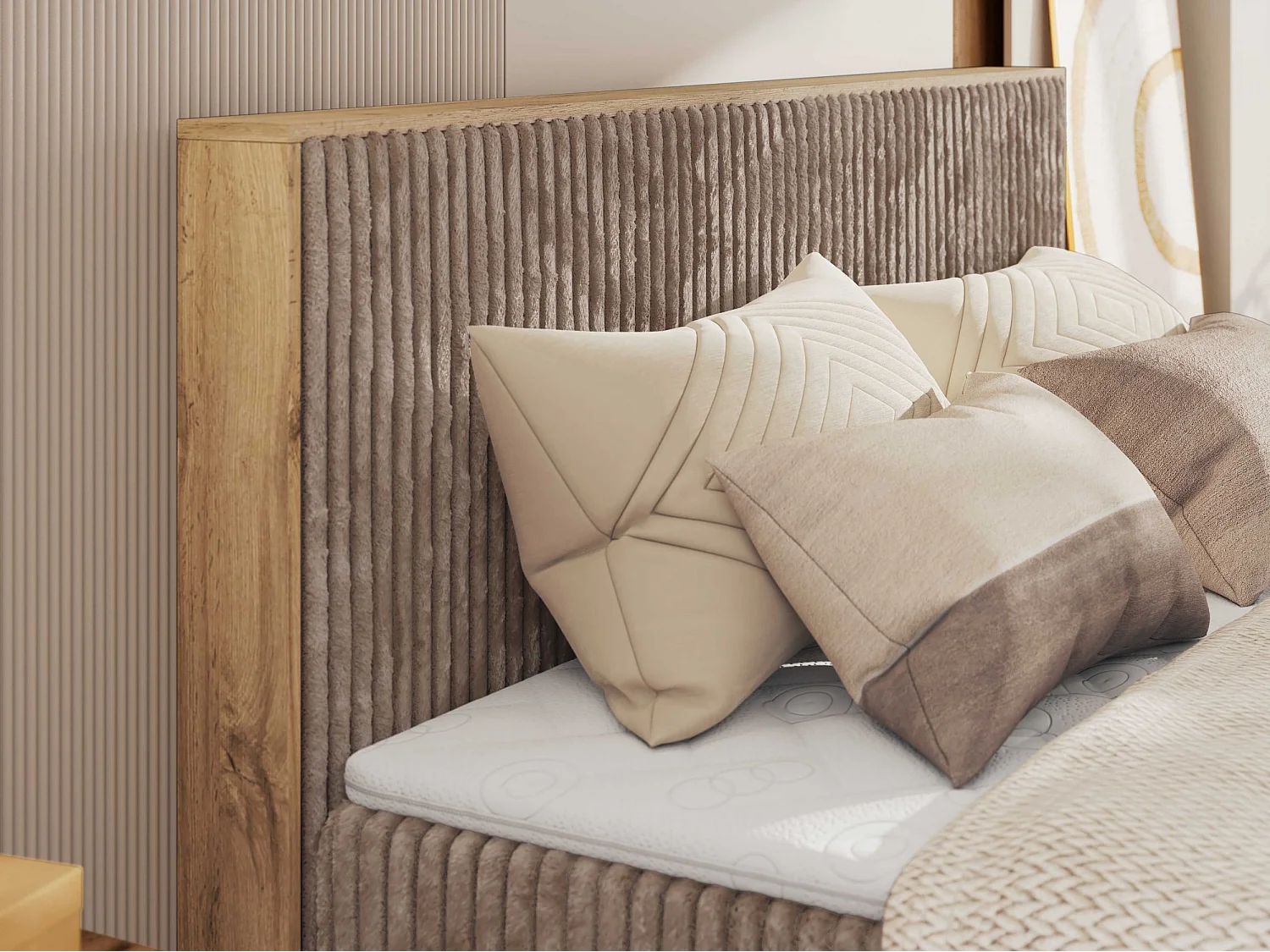 Boxspringbett WOOD CLASSIC KING - Polsterbett mit hohe Kopfteil, zwei Multipocket-Matratze, Bettkästen - 200x200 cm - H4 - Braun Cord