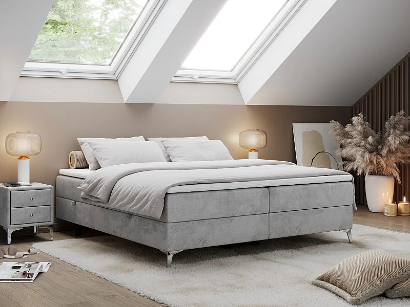 Boxspringbett LESS - Doppelbett mit zwei Bettkästen, 7 Härtezonen Multipocket-Matratzen, hohe Metallbeine - 160x200 cm - H4 - Hellgrau Velvet