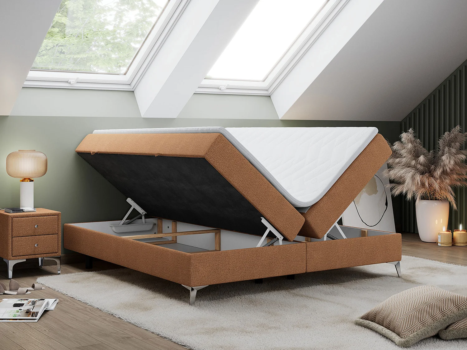 Boxspringbett LESS - Doppelbett mit zwei Bettkästen, 7 Härtezonen Multipocket-Matratzen, hohe Metallbeine - 120x200 cm - H4 - Orange Strukture