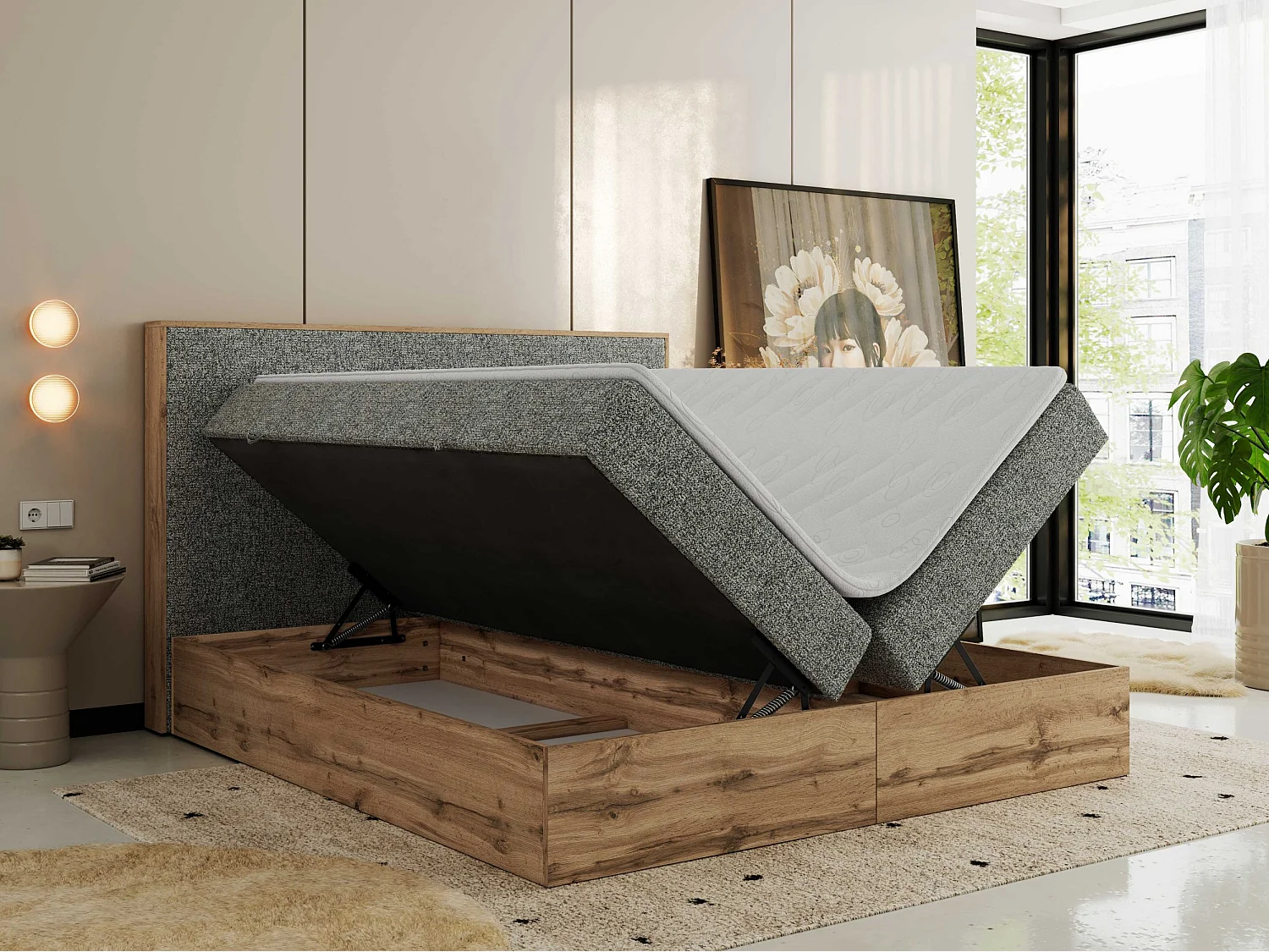 Boxspringbett WOOD CLASSIC - Doppelbett für Schlafzimmer, Set mit Multipocket-Matratze, Holzrahmen - 140x200 cm - H4 - Grau Strukture