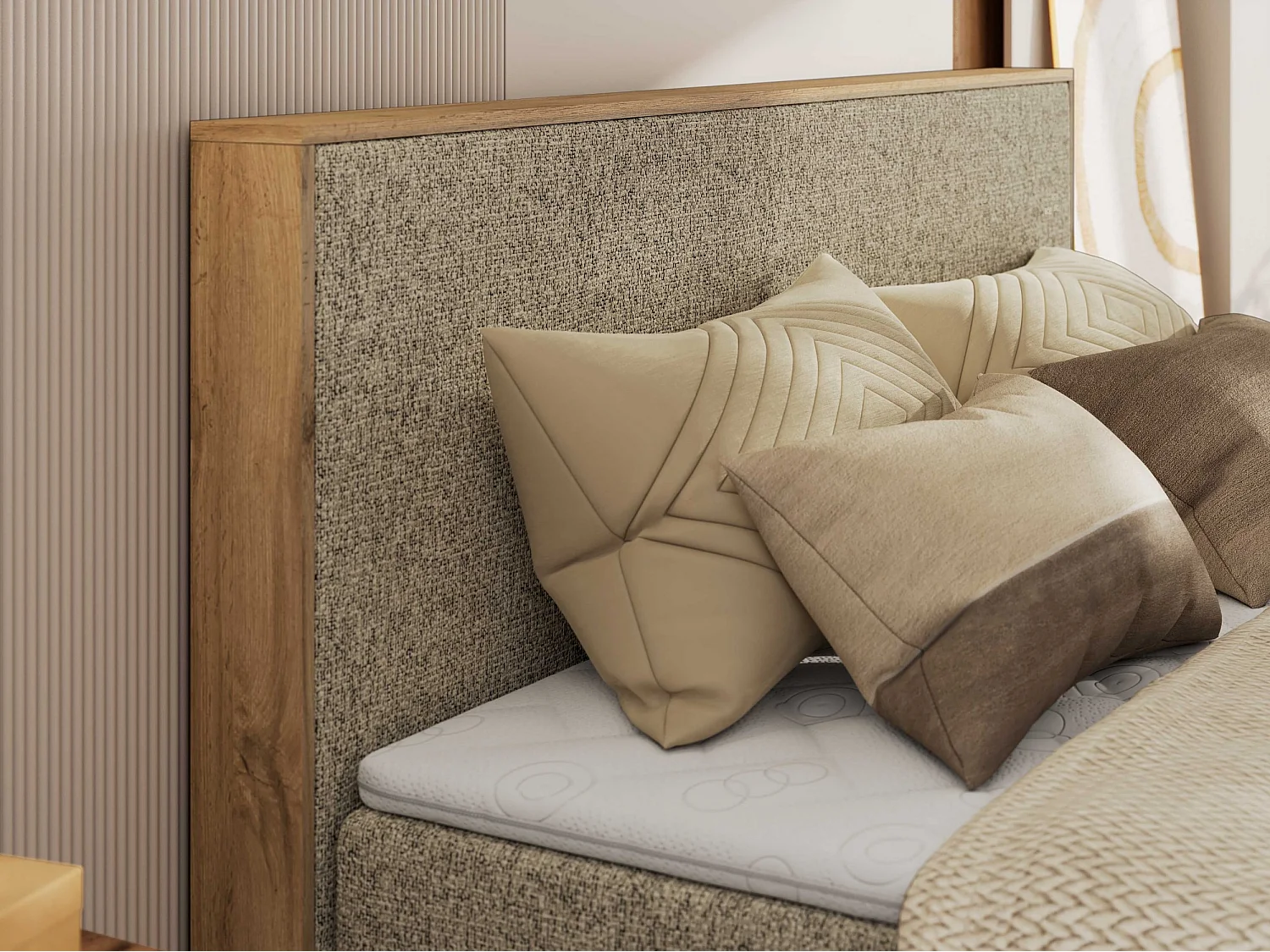 Boxspringbett WOOD CLASSIC KING - Polsterbett mit hohe Kopfteil, zwei Multipocket-Matratze, Bettkästen - 160x200 cm - H4 - Dunkelbeige Strukture