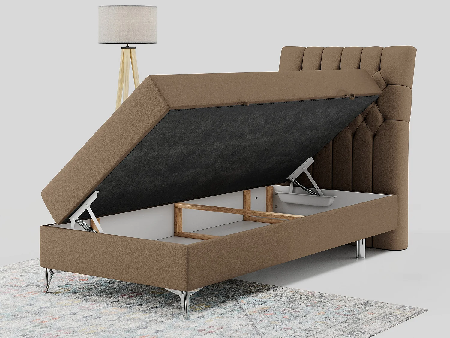 Boxspringbett MILEN - Polsterbett auf Metallbeine, Set mit Multipocket-Matratze, Gesteppte Kopfstütze - 90x200 cm - H4 - Braun Kunstleder - Rechts Seite