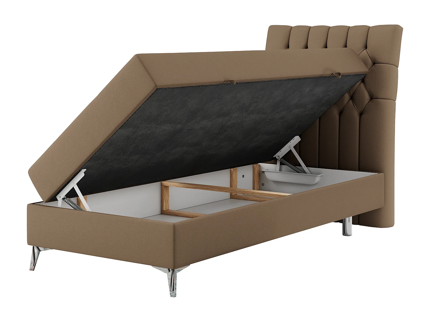 Boxspringbett MILEN - Polsterbett auf Metallbeine, Set mit Multipocket-Matratze, Gesteppte Kopfstütze - 90x200 cm - H4 - Braun Kunstleder - Rechts Seite