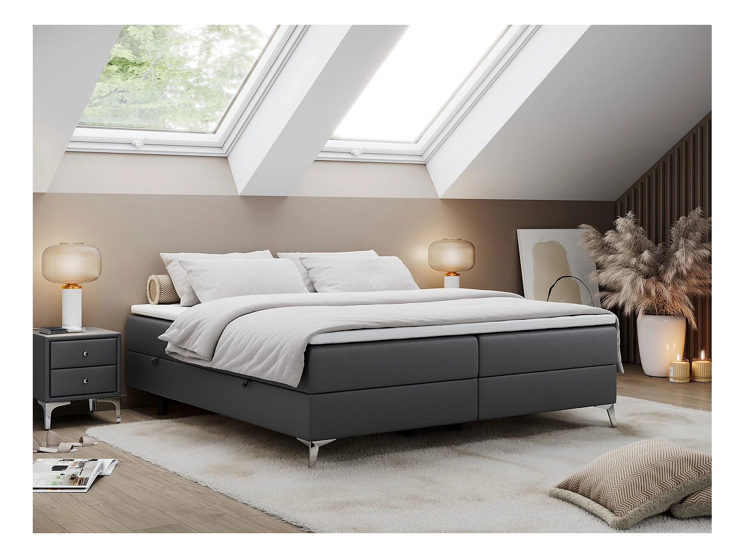 Boxspringbett LESS - Doppelbett mit zwei Bettkästen, 7 Härtezonen Multipocket-Matratzen, hohe Metallbeine - 160x200 cm - H4 - Dunkelgrau Kunstleder