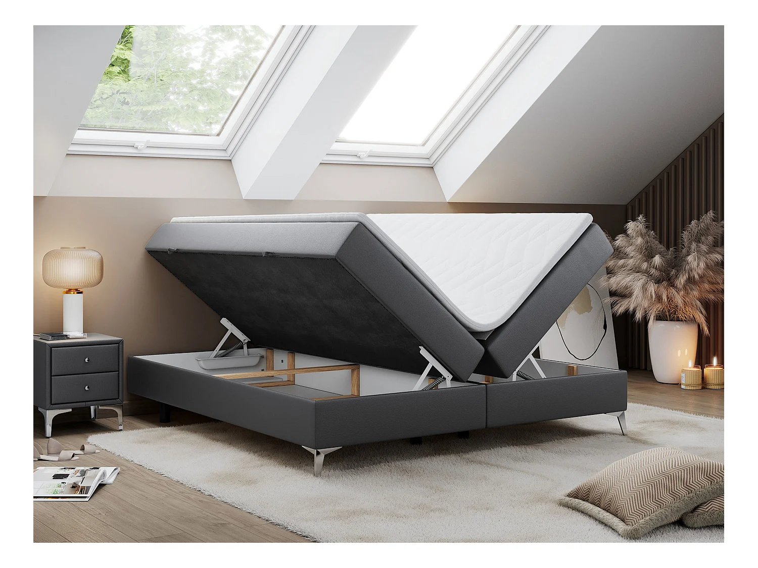 Boxspringbett LESS - Doppelbett mit zwei Bettkästen, 7 Härtezonen Multipocket-Matratzen, hohe Metallbeine - 160x200 cm - H4 - Dunkelgrau Kunstleder