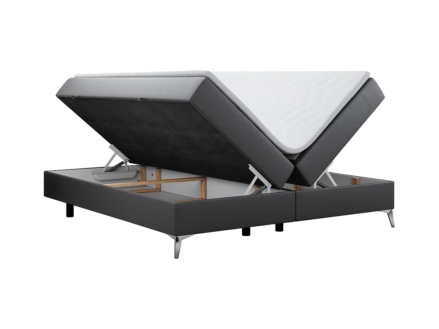 Boxspringbett LESS - Doppelbett mit zwei Bettkästen, 7 Härtezonen Multipocket-Matratzen, hohe Metallbeine - 160x200 cm - H4 - Dunkelgrau Kunstleder