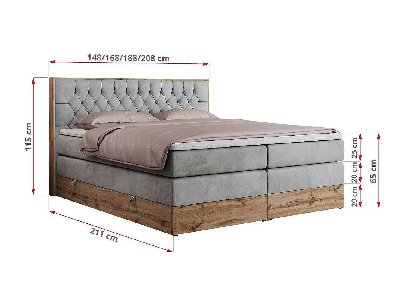 Boxspringbett AMORE KING - gesteppte Kopfstütze, Polsterbett mit zwei Multipocket-Matratzen, Holzrahmen - 180x200 cm - H3 - Hellgrau Velvet