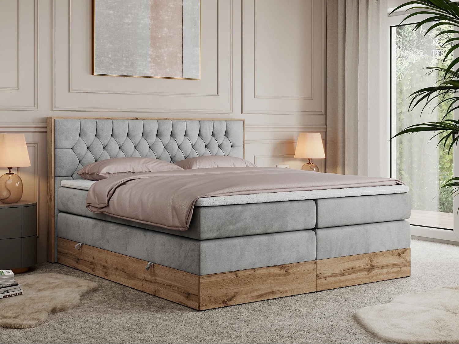 Boxspringbett AMORE KING - gesteppte Kopfstütze, Polsterbett mit zwei Multipocket-Matratzen, Holzrahmen - 180x200 cm - H3 - Hellgrau Velvet