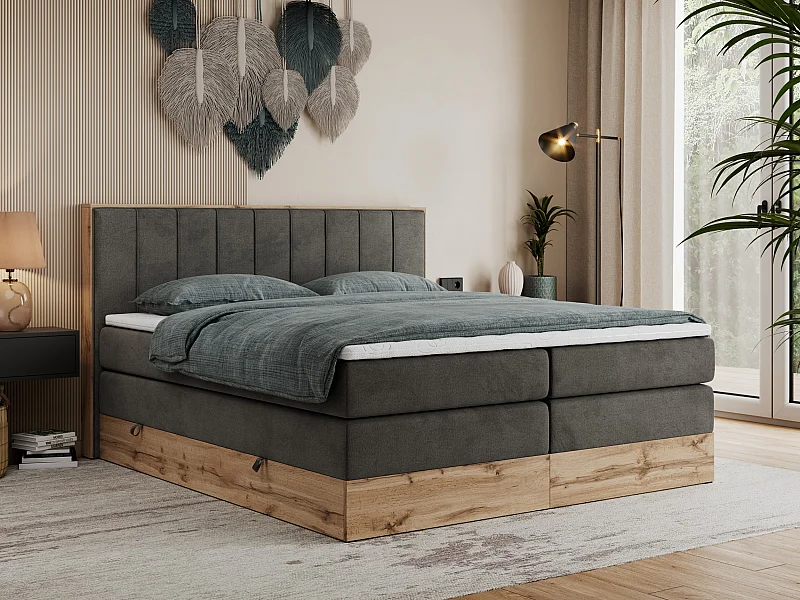 Boxspringbett BELLISSIMO KING - für Schlafzimmer, zwei Multipocket-Matratzen, Set mit Kopfteil und Topper, Holzrahmen - 160x200 cm - H4 - Dunkelgrau Velvet