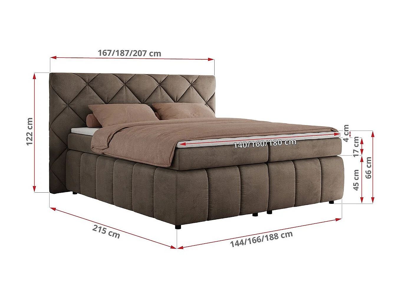 Boxspringbett RITA - Set mit Kopfteil, Multipocket-Matratze und Topper, Doppelbett für Schlafzimmer - 160x200 cm - H3 - Braun Velvet