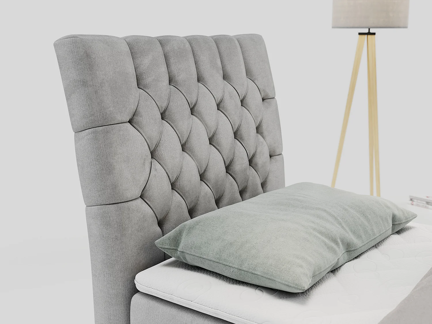 Boxspringbett MILEN - Polsterbett auf Metallbeine, Set mit Multipocket-Matratze, Gesteppte Kopfstütze - 90x200 cm - H4 - Hellgrau Velvet - Links Seite