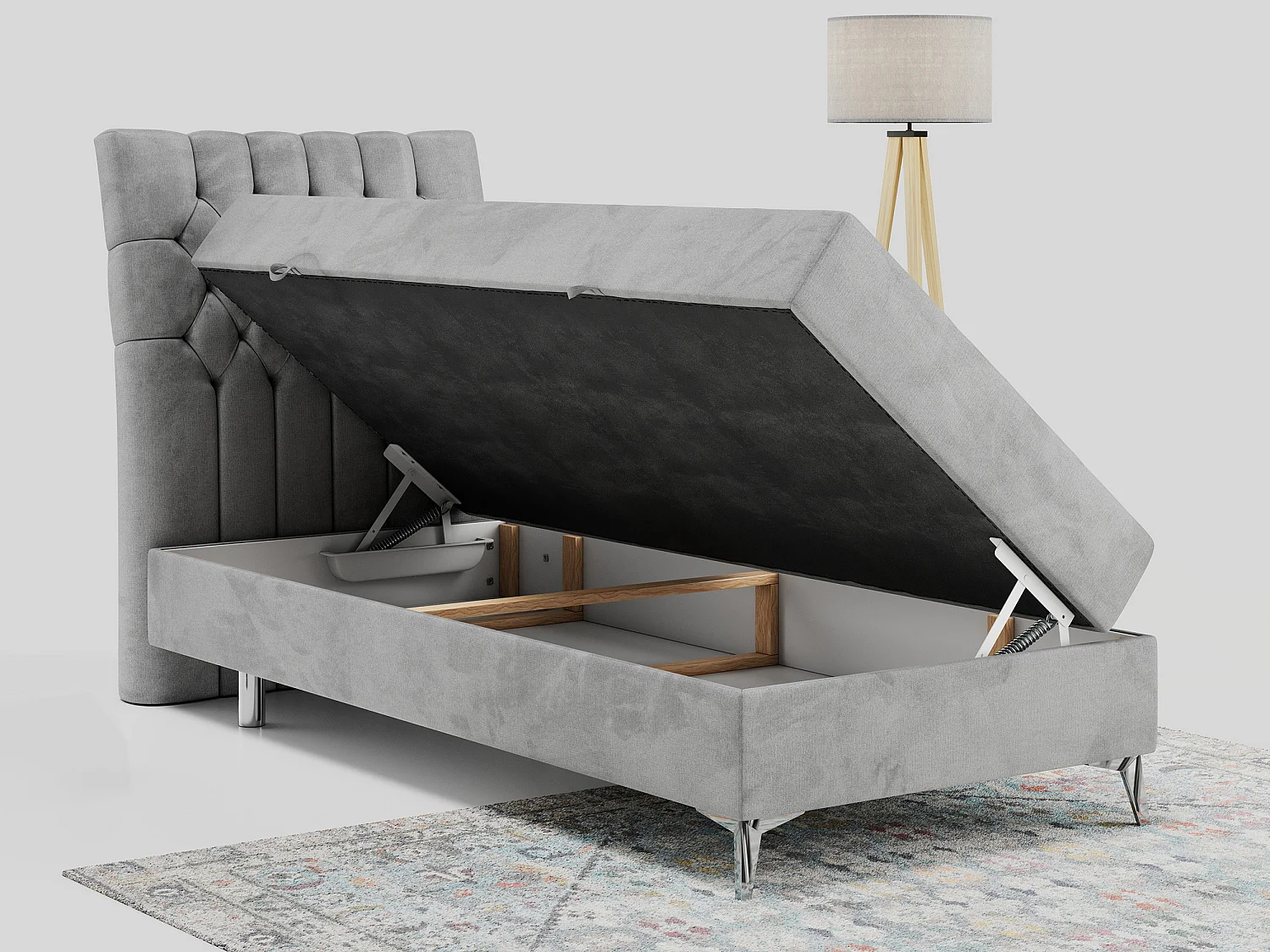 Boxspringbett MILEN - Polsterbett auf Metallbeine, Set mit Multipocket-Matratze, Gesteppte Kopfstütze - 90x200 cm - H4 - Hellgrau Velvet - Links Seite