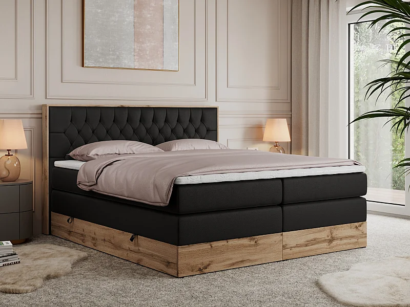 Boxspringbett AMORE KING - gesteppte Kopfstütze, Polsterbett mit zwei Multipocket-Matratzen, Holzrahmen - 200x200 cm - H3 - Schwarz Kunstleder