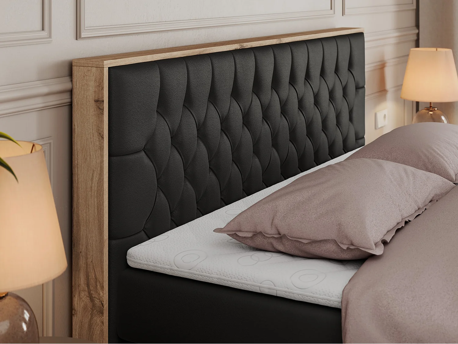 Boxspringbett AMORE KING - gesteppte Kopfstütze, Polsterbett mit zwei Multipocket-Matratzen, Holzrahmen - 200x200 cm - H3 - Schwarz Kunstleder