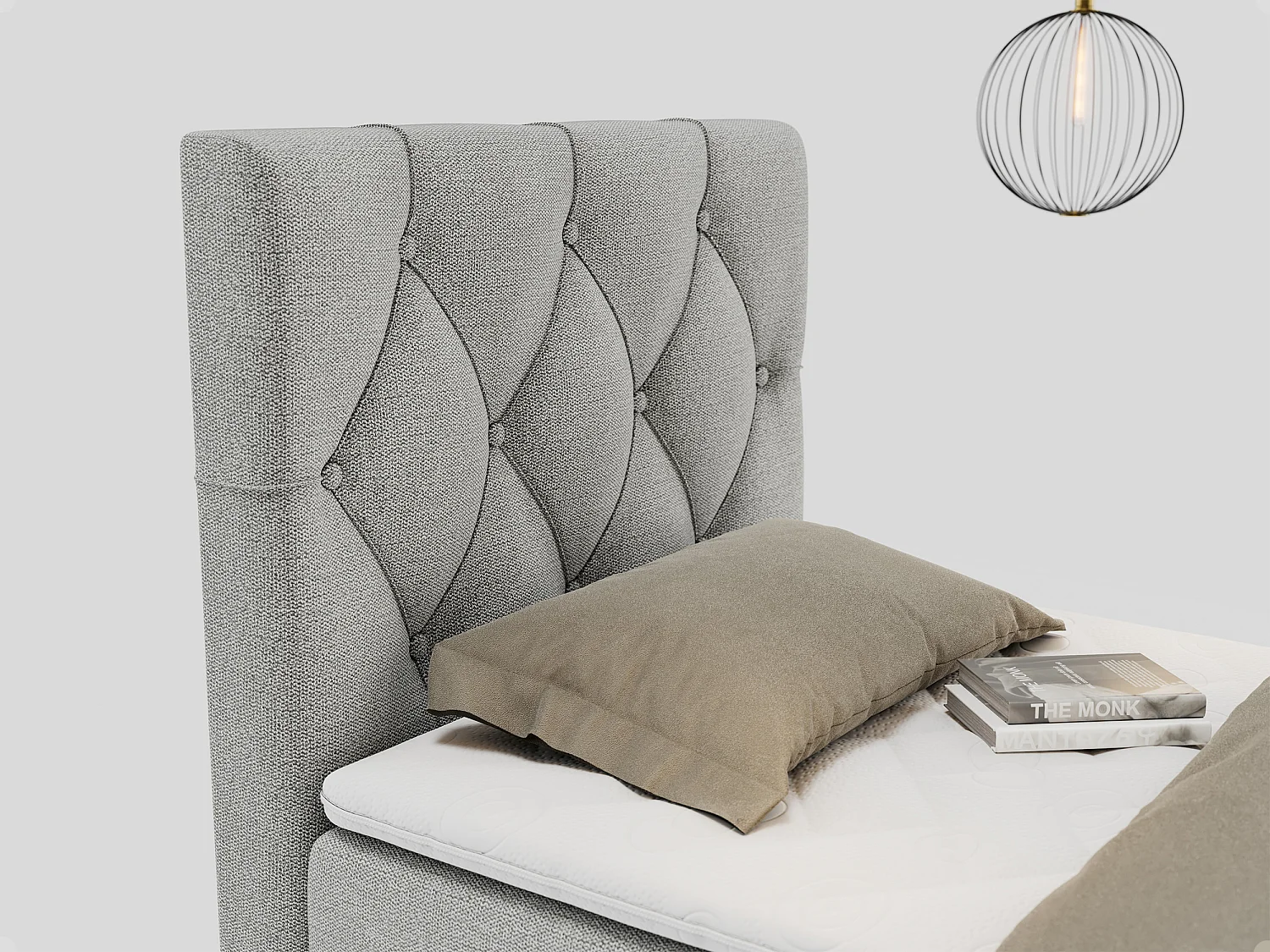 Boxspringbett ALDA - Einzelbett mit gestepptem Kopfteil, Multipocket-Matratze und Topper, Bettkasten - 90x200 cm - H4 - Hellgrau Strukture - Links Seite