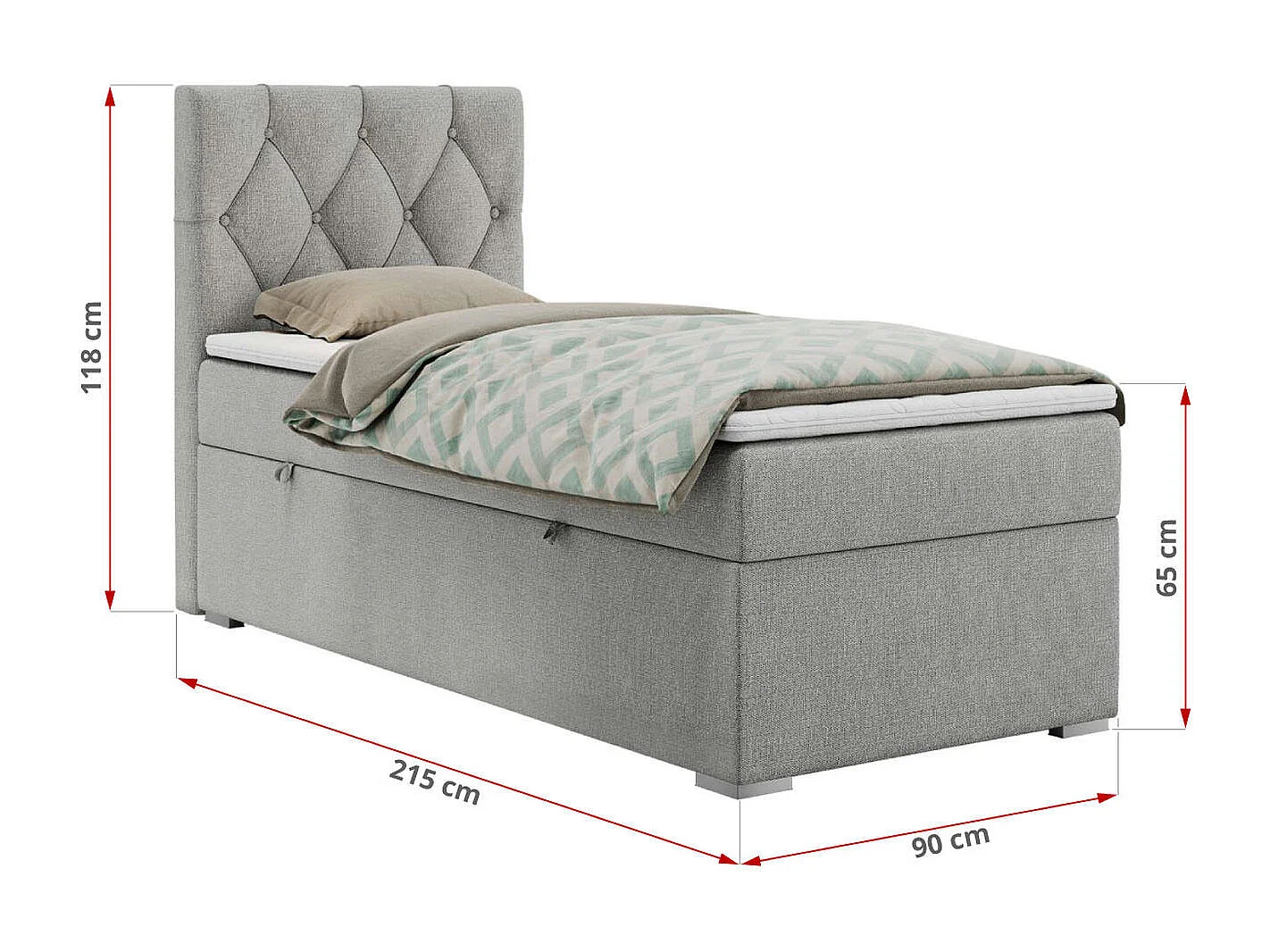 Boxspringbett ALDA - Einzelbett mit gestepptem Kopfteil, Multipocket-Matratze und Topper, Bettkasten - 90x200 cm - H4 - Hellgrau Strukture - Links Seite