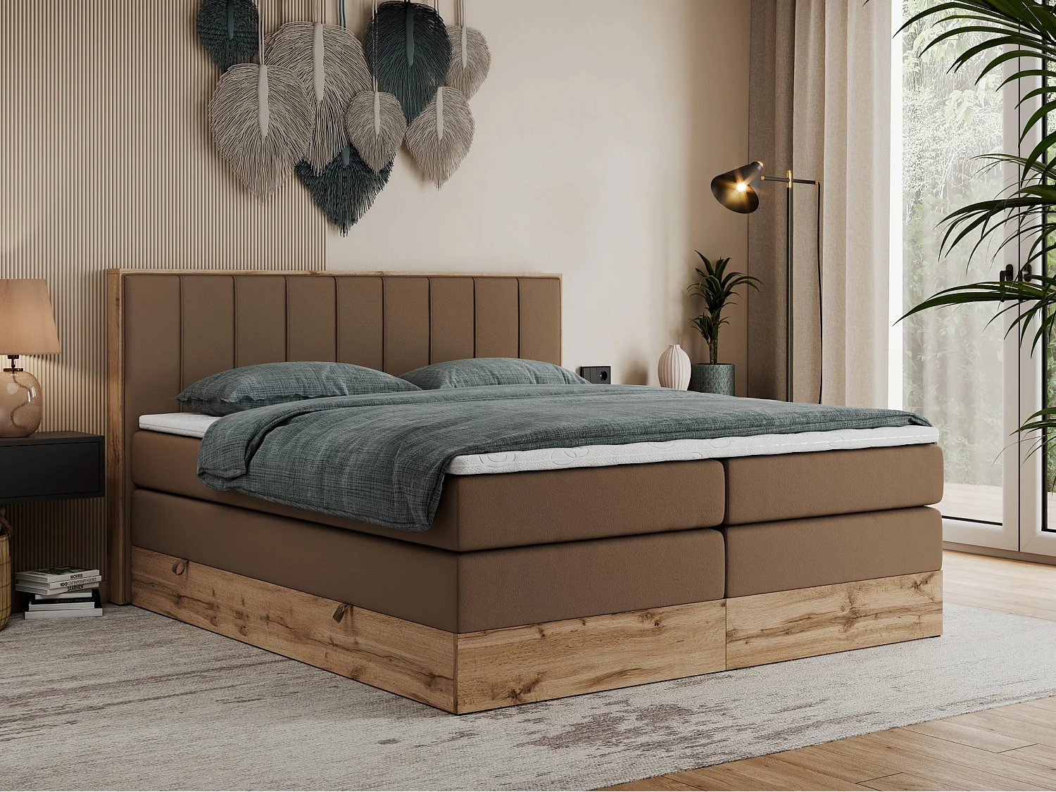 Boxspringbett BELLISSIMO KING - für Schlafzimmer, zwei Multipocket-Matratzen, Set mit Kopfteil und Topper, Holzrahmen - 140x200 cm - H4 - Braun Kunstleder