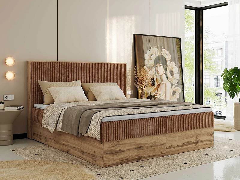 Boxspringbett WOOD CLASSIC - Doppelbett für Schlafzimmer, Set mit Multipocket-Matratze, Holzrahmen - 160x200 cm - H4 - Orange Cord