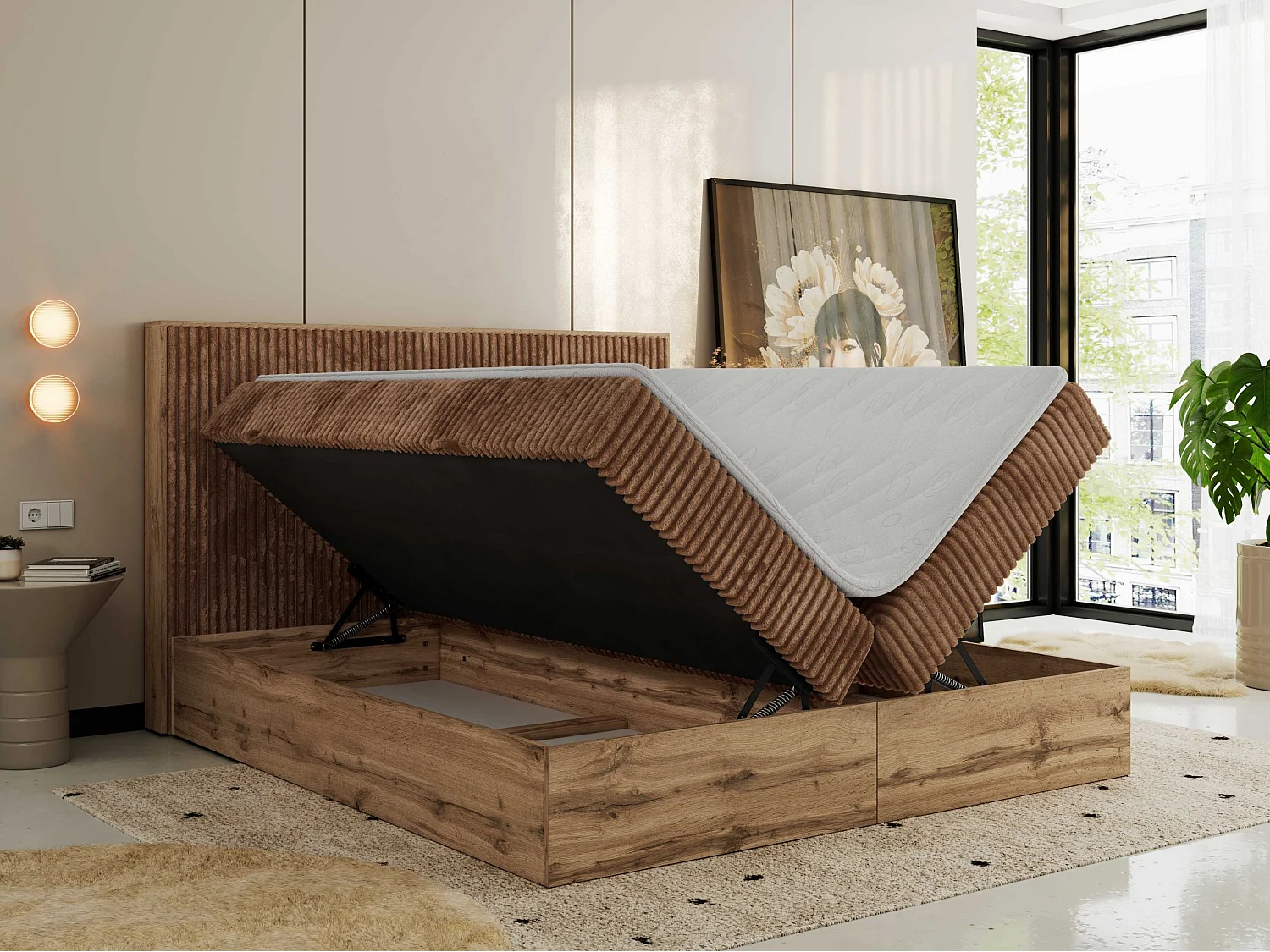 Boxspringbett WOOD CLASSIC - Doppelbett für Schlafzimmer, Set mit Multipocket-Matratze, Holzrahmen - 160x200 cm - H4 - Orange Cord