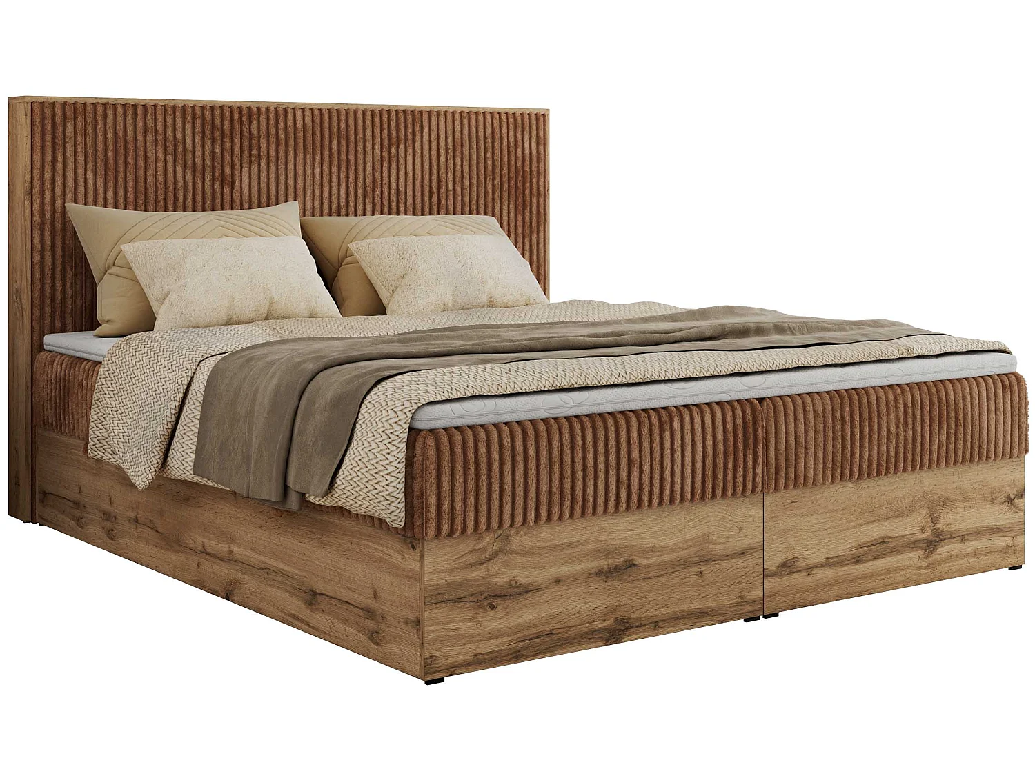 Boxspringbed met hoofdbord H4 + Topper T25 - Oranje Ribstof - 160x200 - WOOD CLASSIC