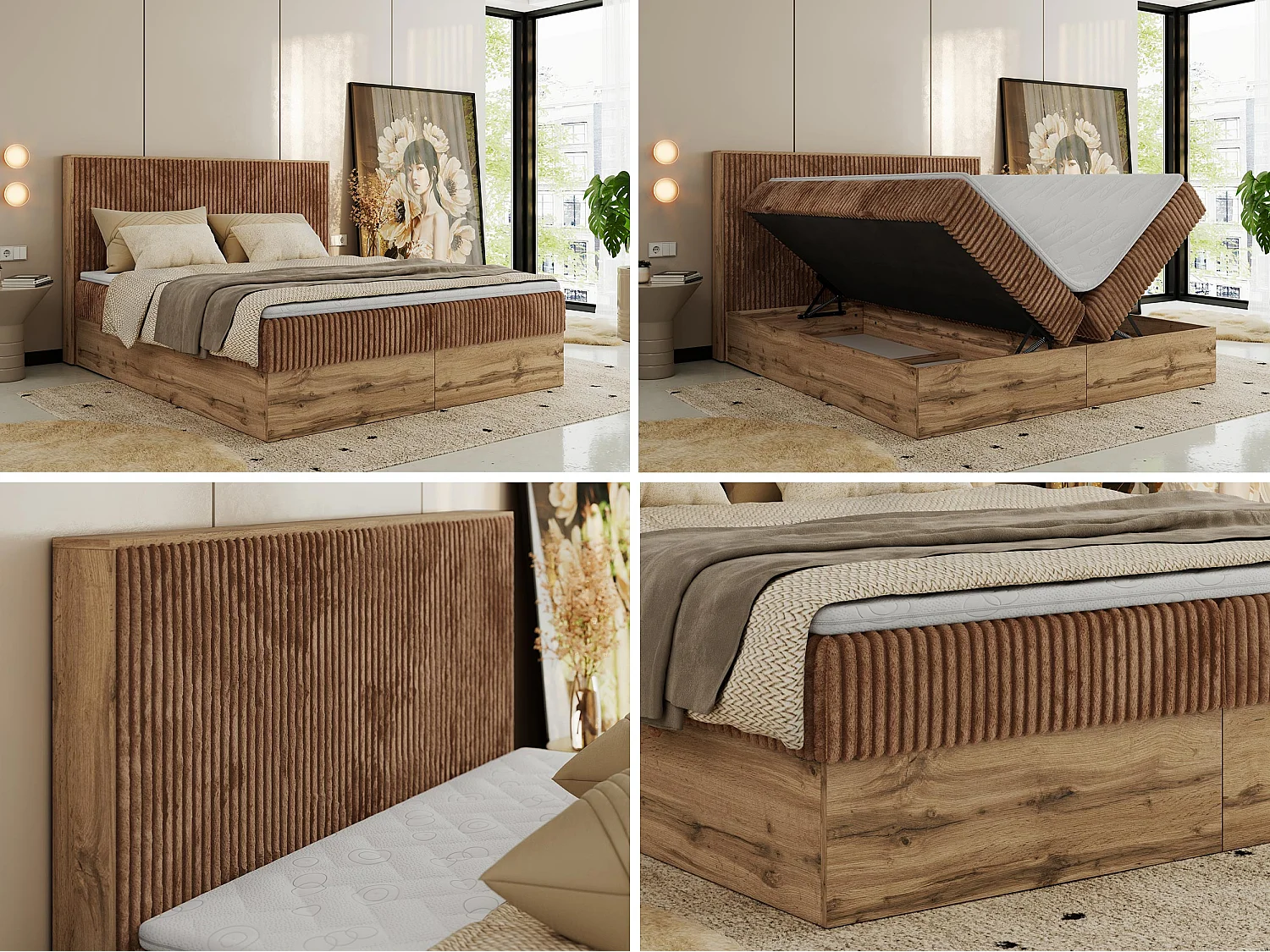 Boxspringbed met hoofdbord H4 + Topper T25 - Oranje Ribstof - 160x200 - WOOD CLASSIC