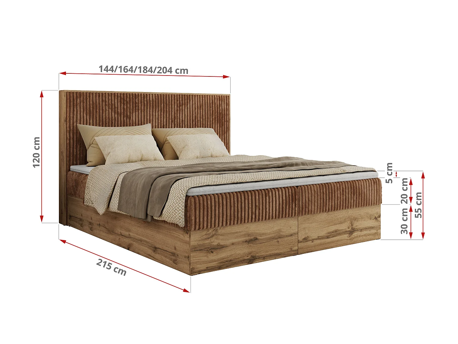 Boxspringbed met hoofdbord H4 + Topper T25 - Oranje Ribstof - 160x200 - WOOD CLASSIC
