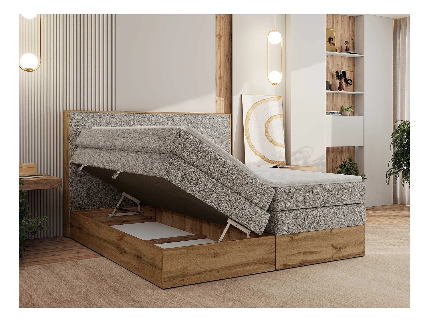 Boxspringbett WOOD CLASSIC KING - Polsterbett mit hohe Kopfteil, zwei Multipocket-Matratze, Bettkästen - 200x200 cm - H4 - Beige Strukture