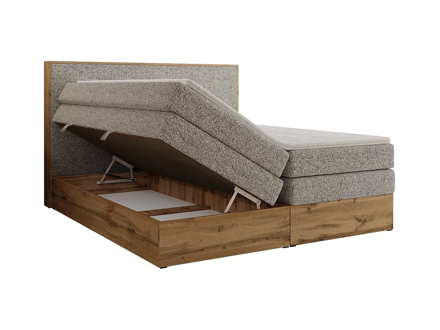 Boxspringbett WOOD CLASSIC KING - Polsterbett mit hohe Kopfteil, zwei Multipocket-Matratze, Bettkästen - 200x200 cm - H4 - Beige Strukture