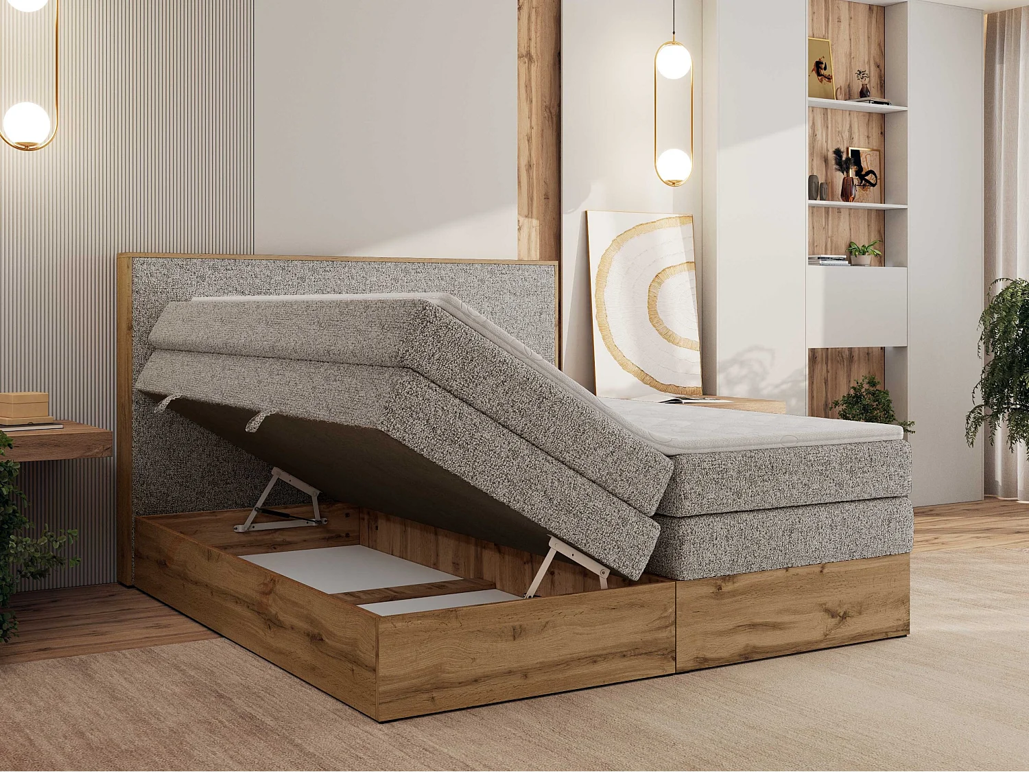 Boxspringbett WOOD CLASSIC KING - Polsterbett mit hohe Kopfteil, zwei Multipocket-Matratze, Bettkästen - 200x200 cm - H4 - Beige Strukture