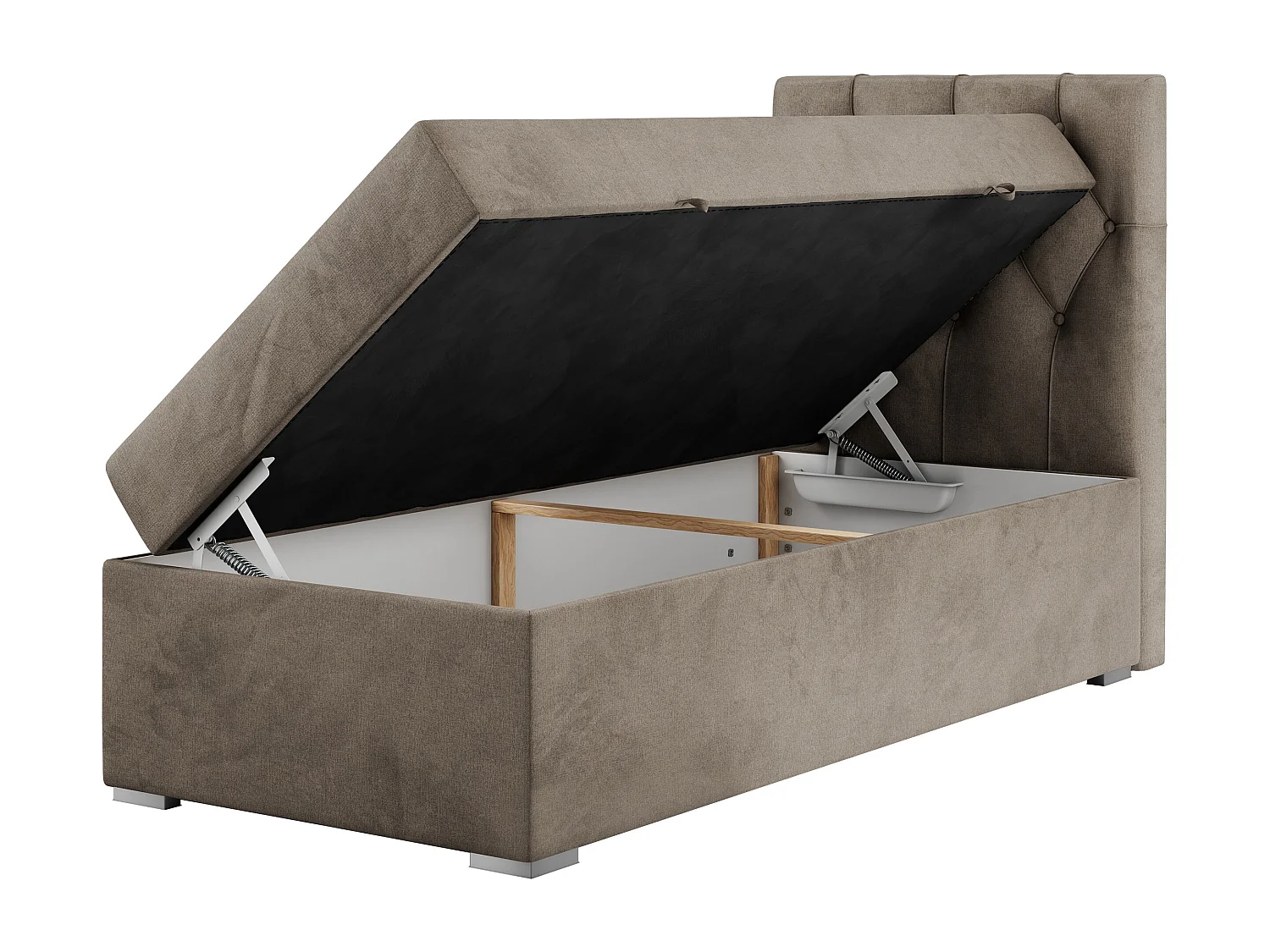Boxspringbett ALDA - Einzelbett mit gestepptem Kopfteil, Multipocket-Matratze und Topper, Bettkasten - 90x200 cm - H3 - Braun Velvet - Rechts Seite
