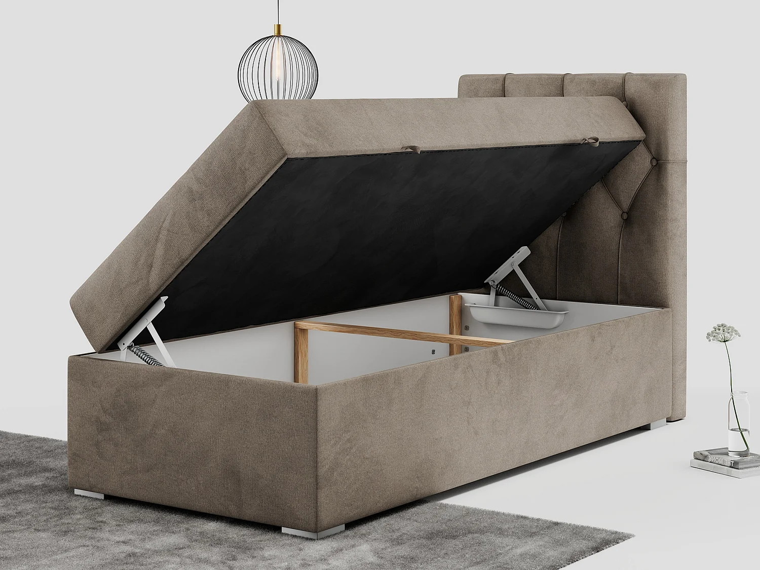 Boxspringbett ALDA - Einzelbett mit gestepptem Kopfteil, Multipocket-Matratze und Topper, Bettkasten - 90x200 cm - H3 - Braun Velvet - Rechts Seite