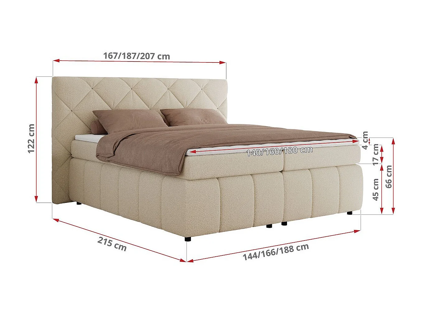 Boxspringbett RITA - Set mit Kopfteil, Multipocket-Matratze und Topper, Doppelbett für Schlafzimmer - 160x200 cm - H4 - Beige Boucle