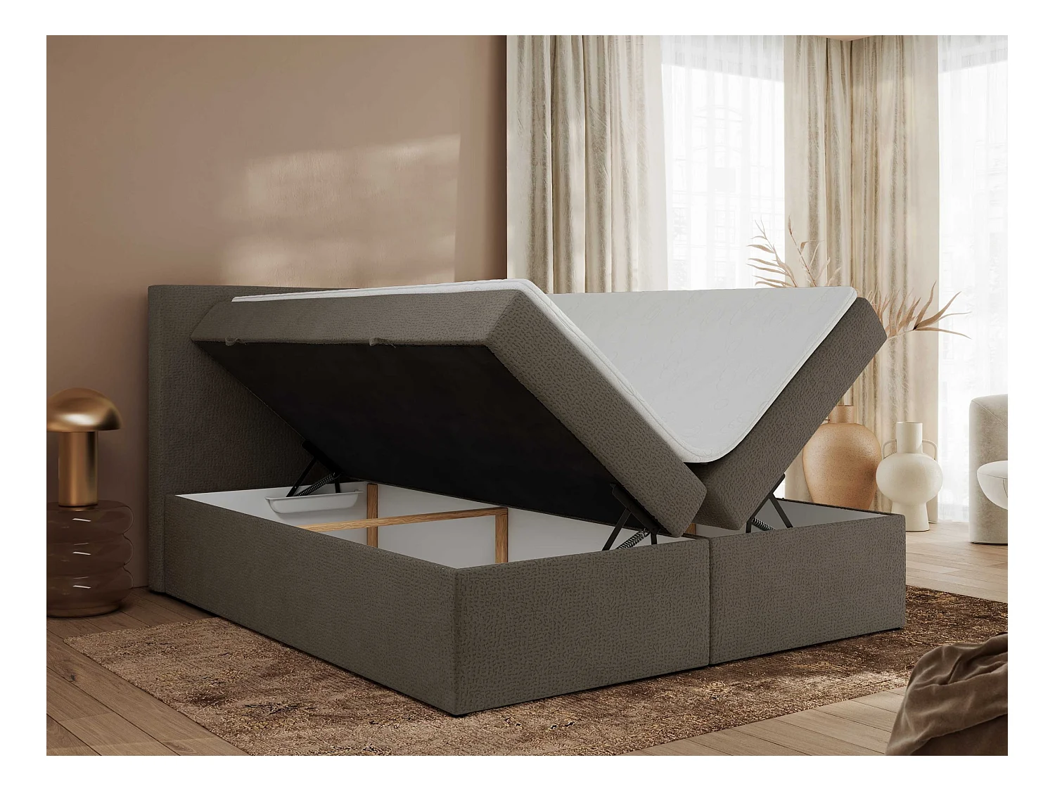 Boxspringbett JAGUAR - Doppelbett mit Multipocket-Matratze und Topper, Struktur dekostoff, zwei Bettkästen - 200x200 cm - H3 - Braun Struktur