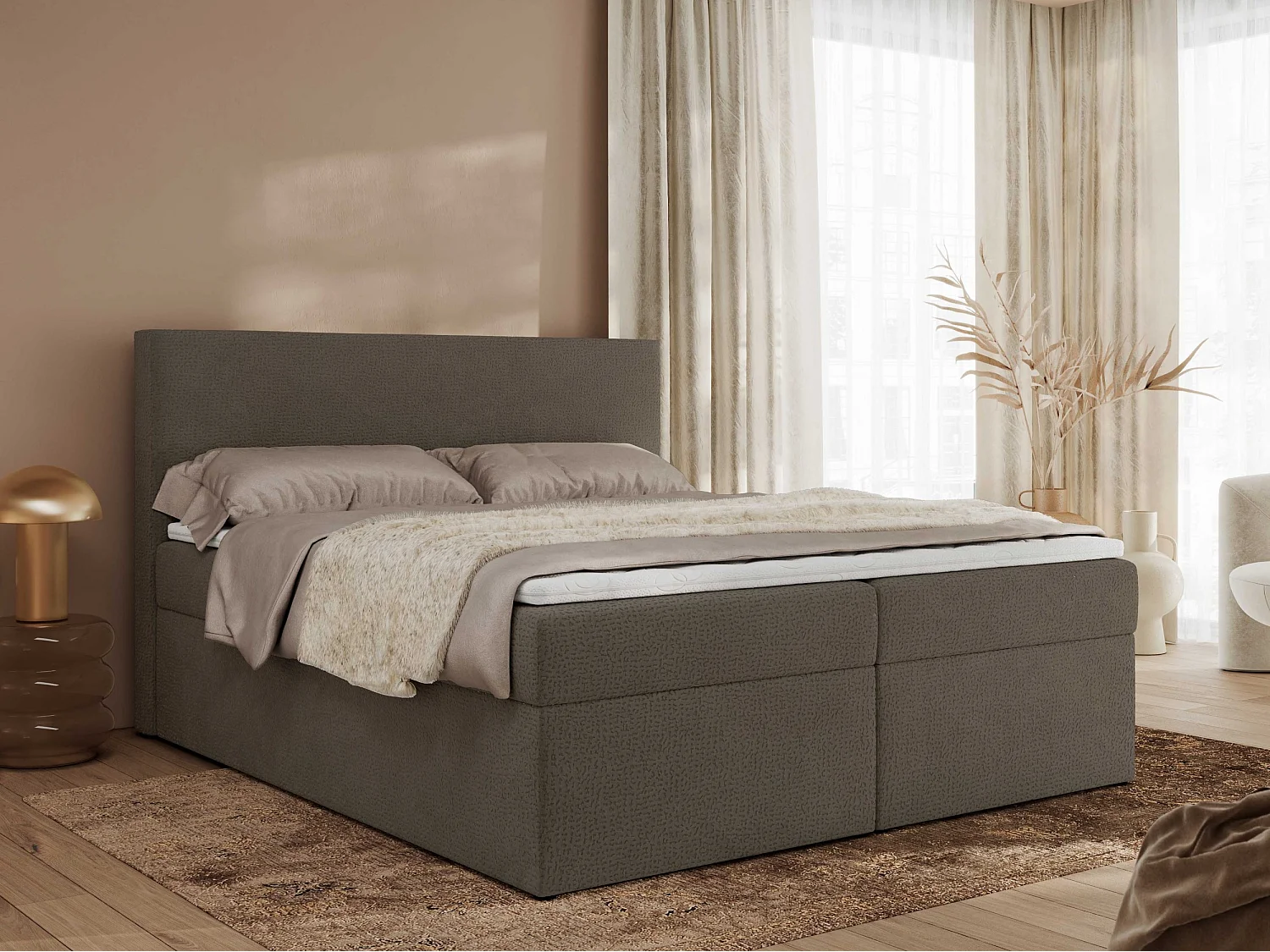 Boxspringbett JAGUAR - Doppelbett mit Multipocket-Matratze und Topper, Struktur dekostoff, zwei Bettkästen - 200x200 cm - H3 - Braun Struktur