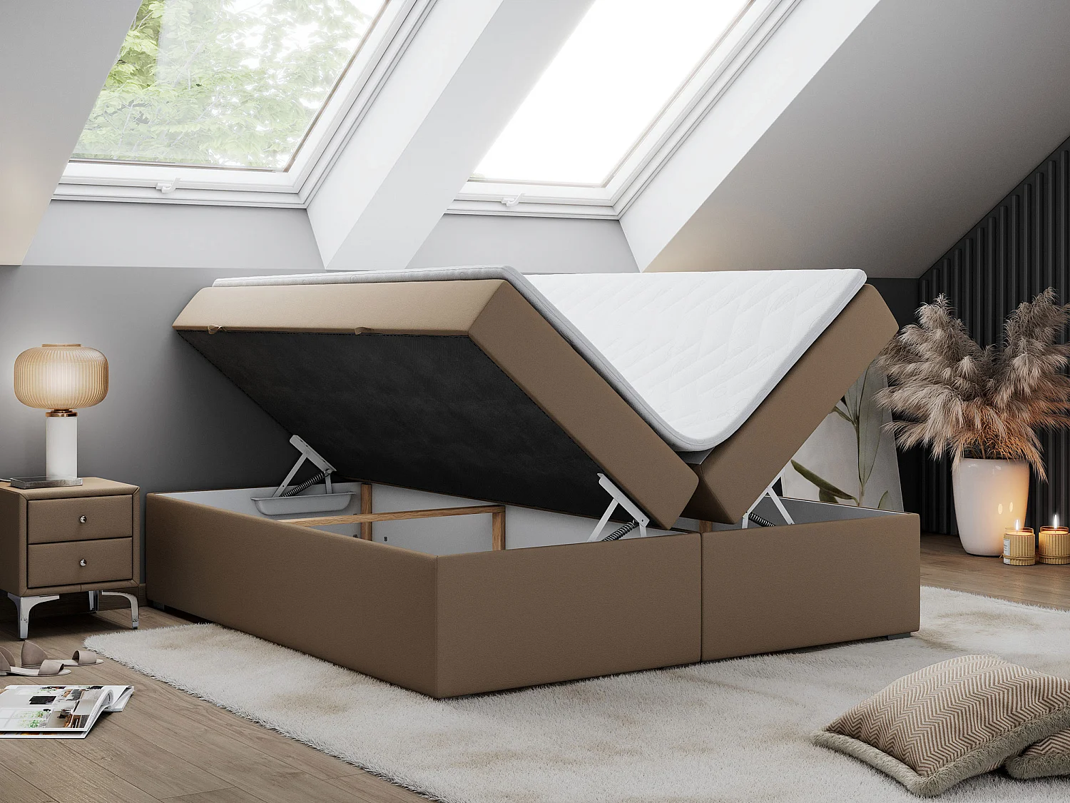 Boxspringbett BESS - Doppelbett mit Stauraum, Polsterbett, Multipocket-Matratzen und Topper - 120x200 cm - H4 - Braun Kunstleder