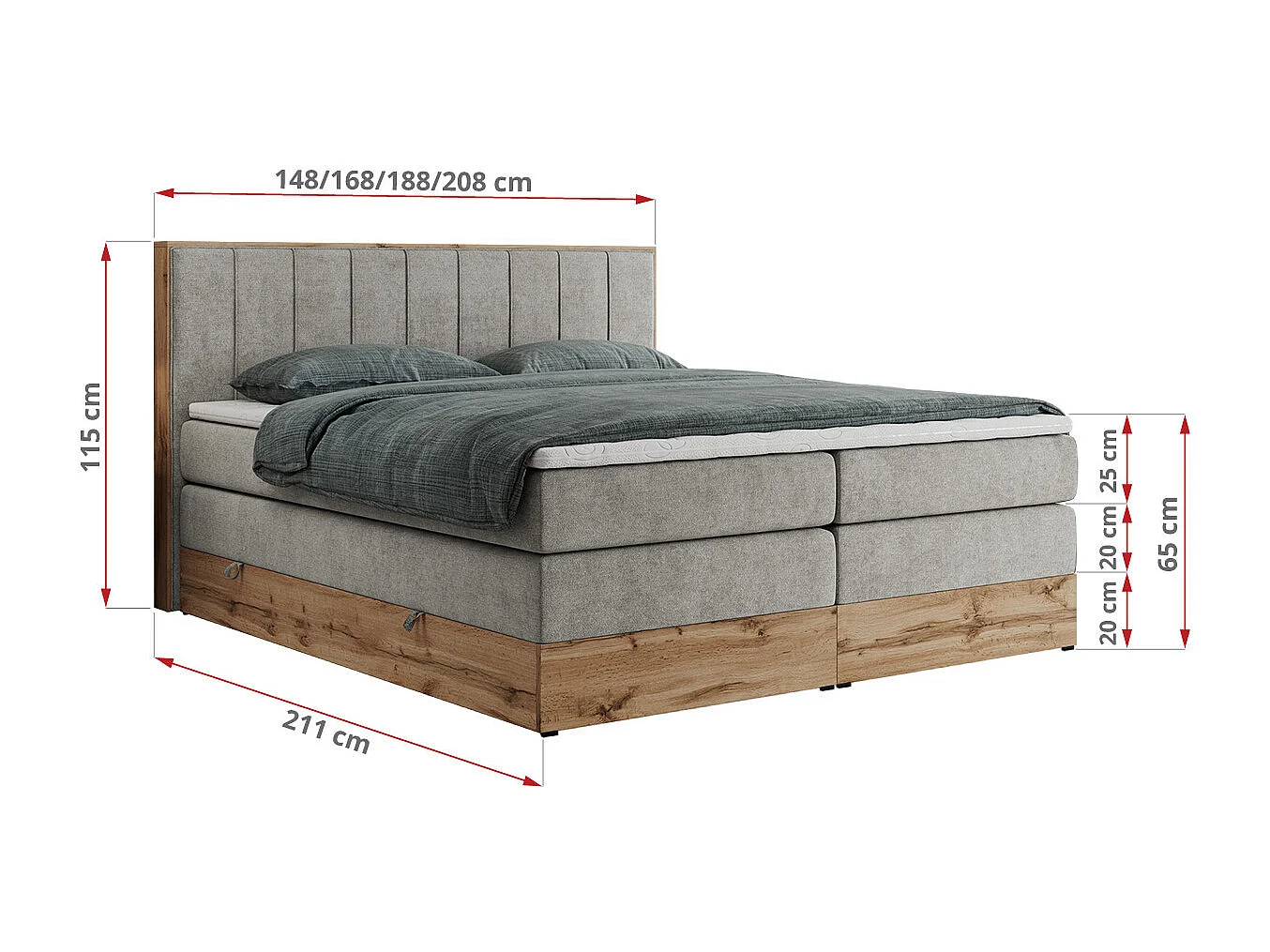 Boxspringbett BELLISSIMO KING - für Schlafzimmer, zwei Multipocket-Matratzen, Set mit Kopfteil und Topper, Holzrahmen - 160x200 cm - H3 - Hellgrau Strukture