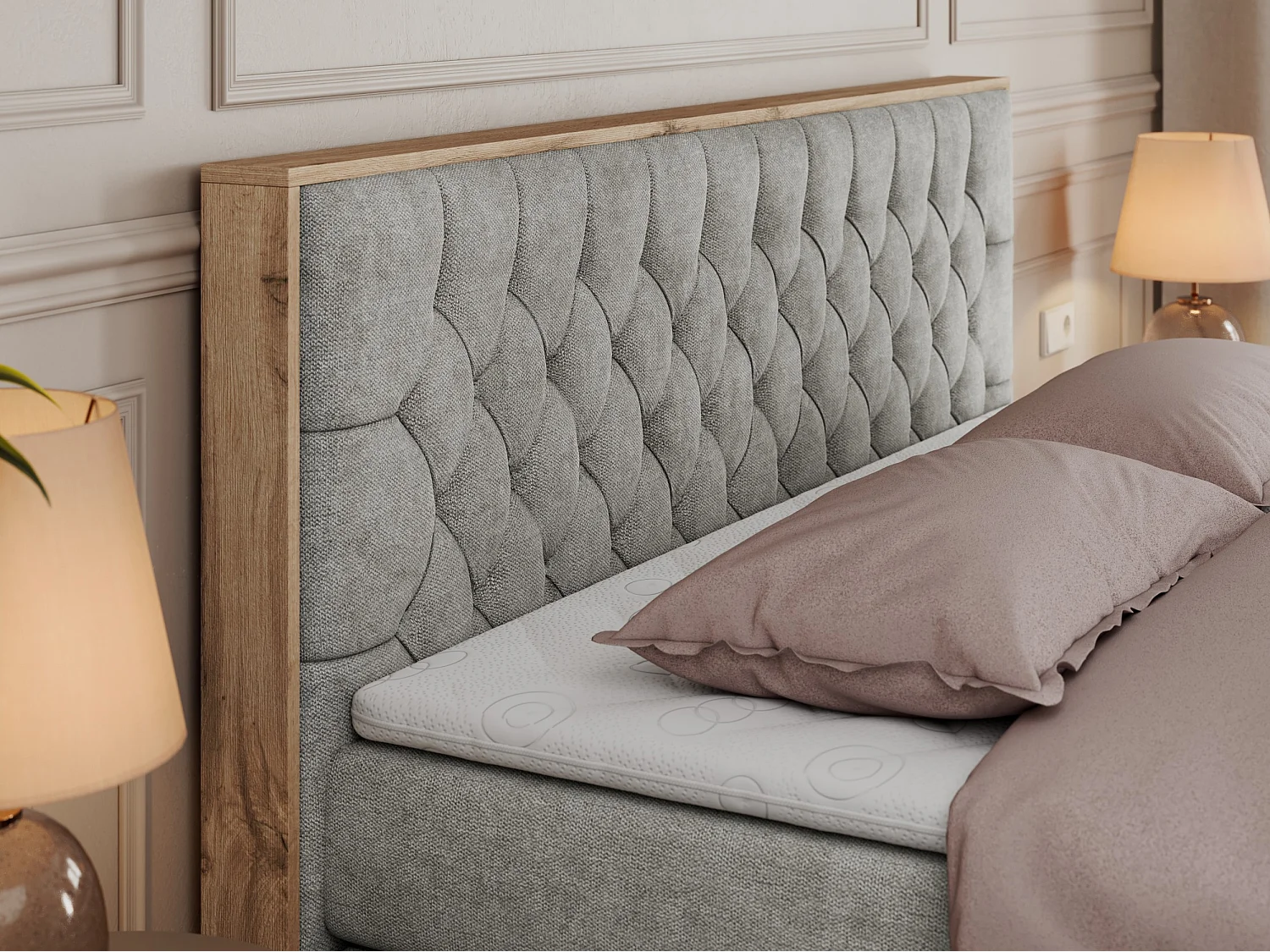 Boxspringbett AMORE KING - gesteppte Kopfstütze, Polsterbett mit zwei Multipocket-Matratzen, Holzrahmen - 140x200 cm - H4 - Hellgrau Strukture