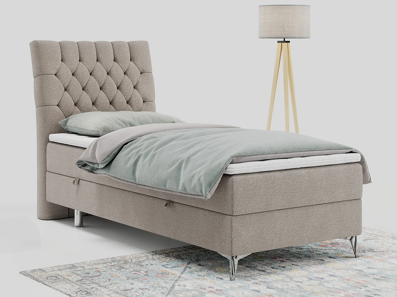 Boxspringbett MILEN - Polsterbett auf Metallbeine, Set mit Multipocket-Matratze, Gesteppte Kopfstütze - 90x200 cm - H4 - Beige Strukture - Links Seite