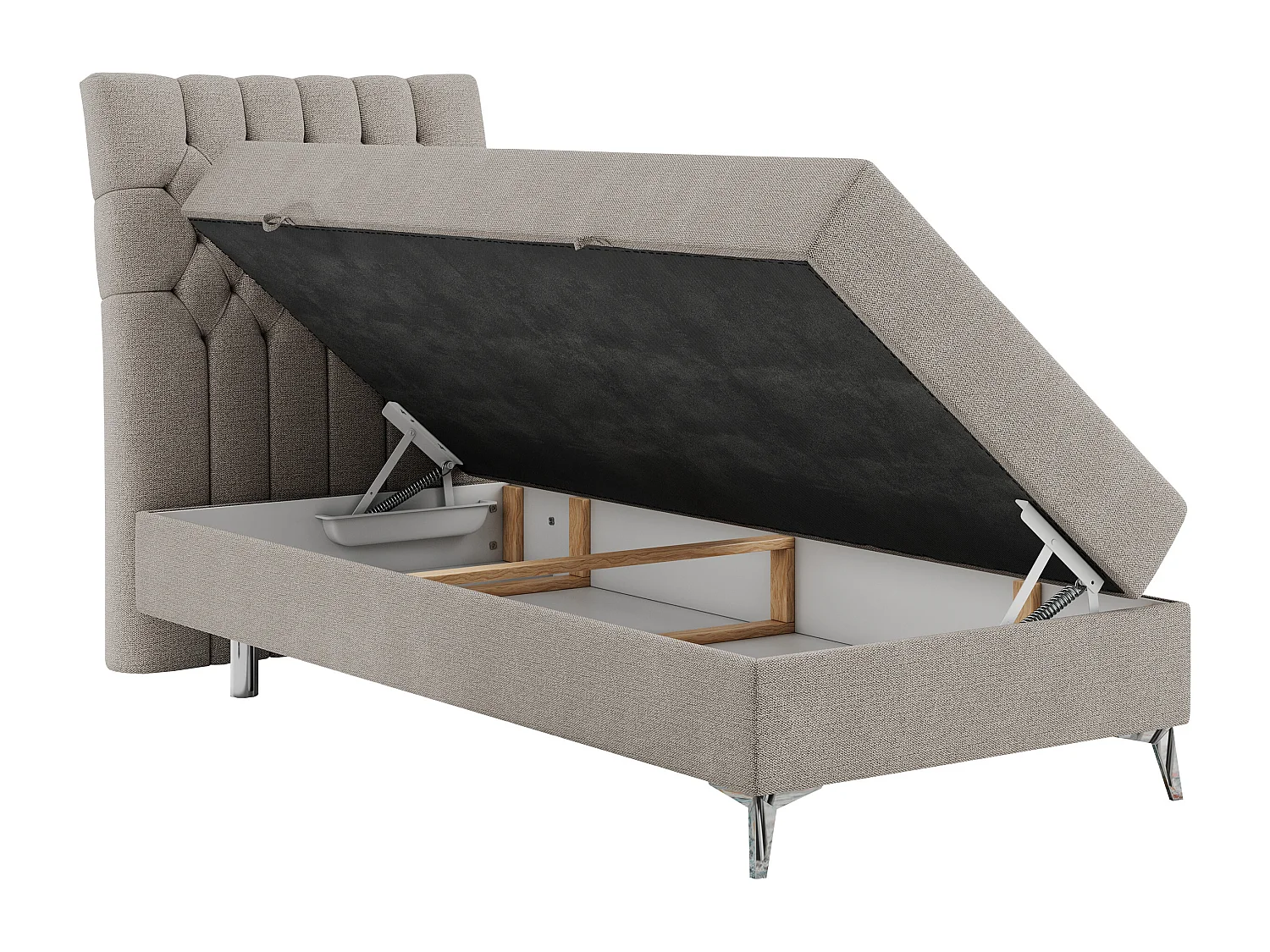 Boxspringbett MILEN - Polsterbett auf Metallbeine, Set mit Multipocket-Matratze, Gesteppte Kopfstütze - 90x200 cm - H4 - Beige Strukture - Links Seite