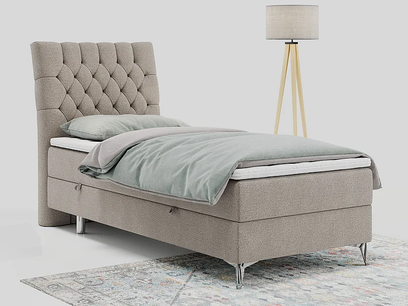 Boxspringbett MILEN - Polsterbett auf Metallbeine, Set mit Multipocket-Matratze, Gesteppte Kopfstütze - 90x200 cm - H4 - Beige Strukture - Links Seite