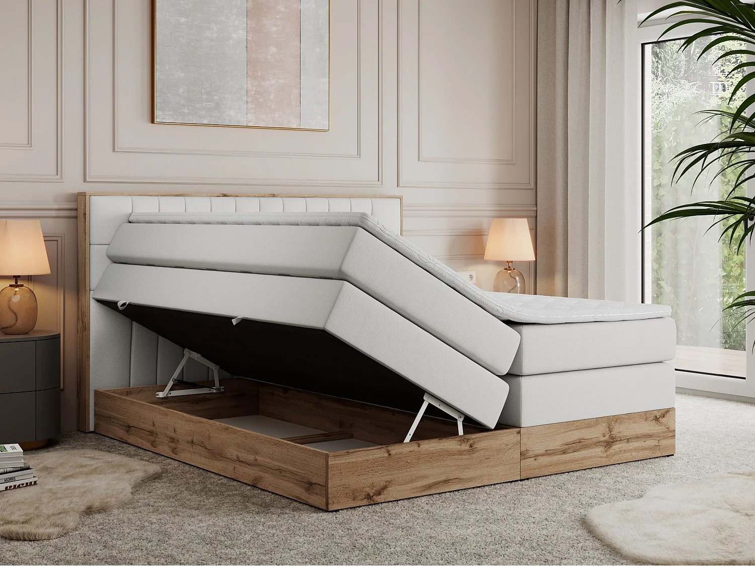 Boxspringbett AMORE KING - gesteppte Kopfstütze, Polsterbett mit zwei Multipocket-Matratzen, Holzrahmen - 200x200 cm - H3 - Weiß Kunstleder