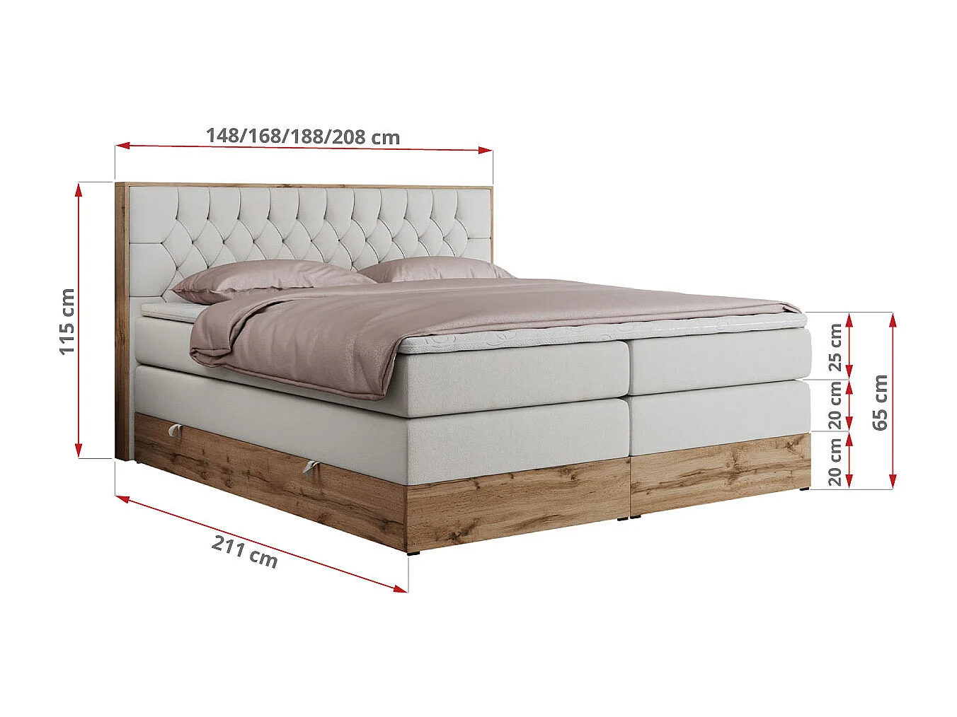 Boxspringbett AMORE KING - gesteppte Kopfstütze, Polsterbett mit zwei Multipocket-Matratzen, Holzrahmen - 200x200 cm - H3 - Weiß Kunstleder