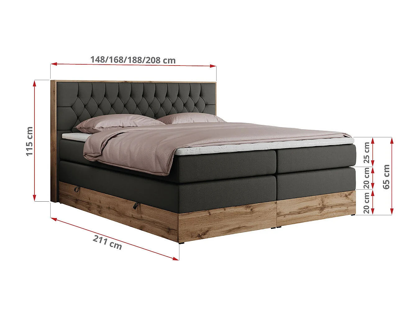 Boxspringbett AMORE KING - gesteppte Kopfstütze, Polsterbett mit zwei Multipocket-Matratzen, Holzrahmen - 200x200 cm - H4 - Dunkelgrau Kunstleder