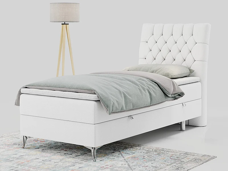 Boxspringbett MILEN - Polsterbett auf Metallbeine, Set mit Multipocket-Matratze, Gesteppte Kopfstütze - 90x200 cm - H3 - Weiß Kunstleder - Rechts Seite