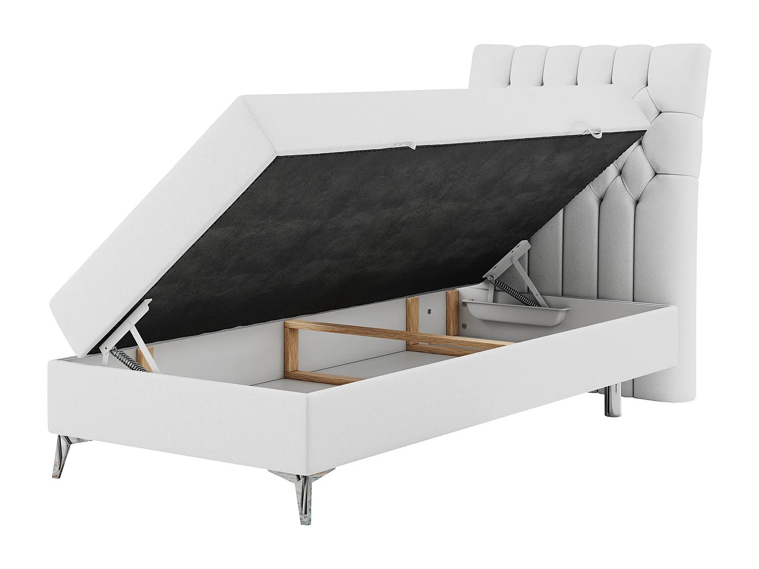 Boxspringbett MILEN - Polsterbett auf Metallbeine, Set mit Multipocket-Matratze, Gesteppte Kopfstütze - 90x200 cm - H3 - Weiß Kunstleder - Rechts Seite