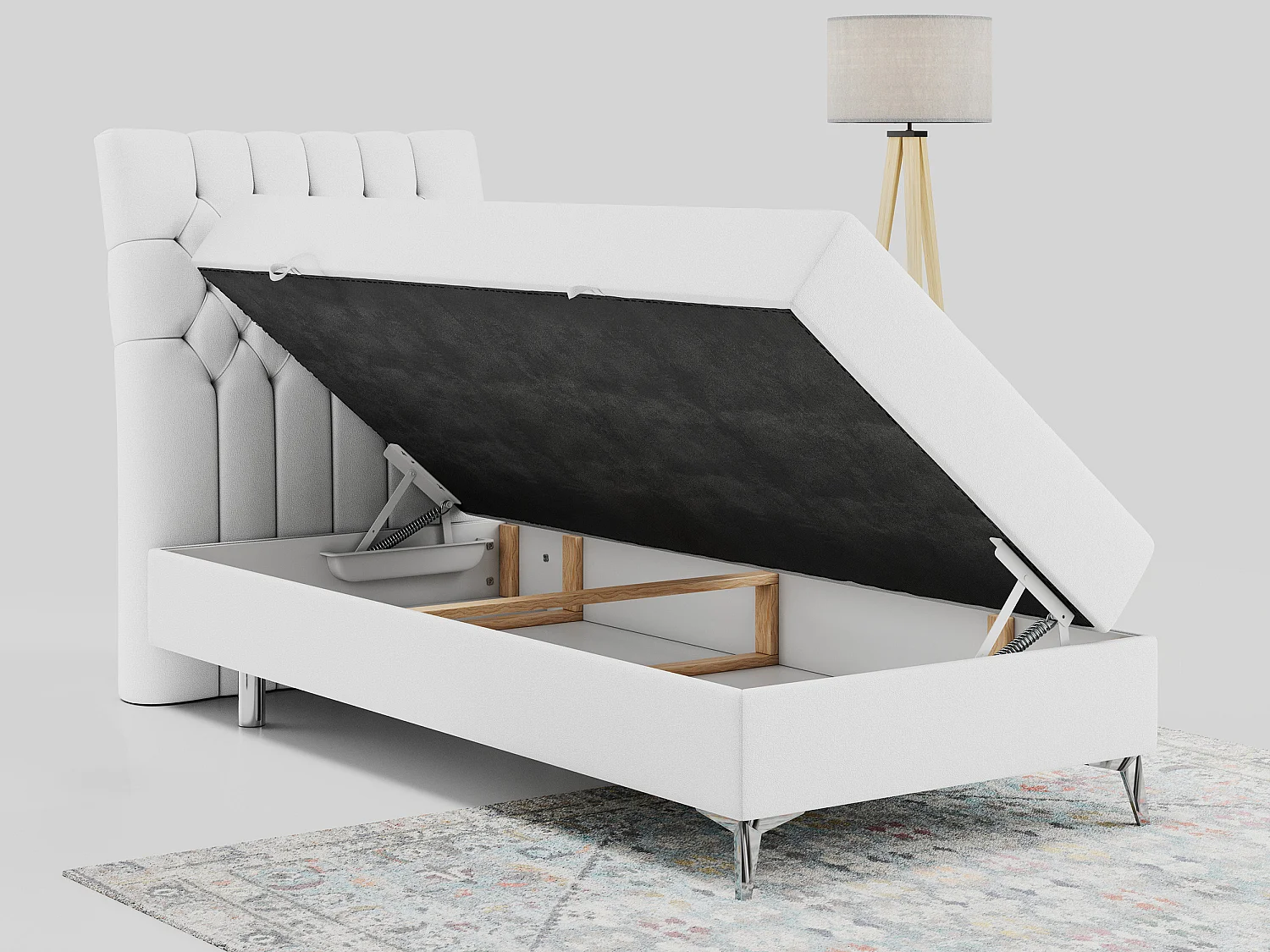 Boxspringbett MILEN - Polsterbett auf Metallbeine, Set mit Multipocket-Matratze, Gesteppte Kopfstütze - 90x200 cm - H4 - Weiß Kunstleder - Links Seite