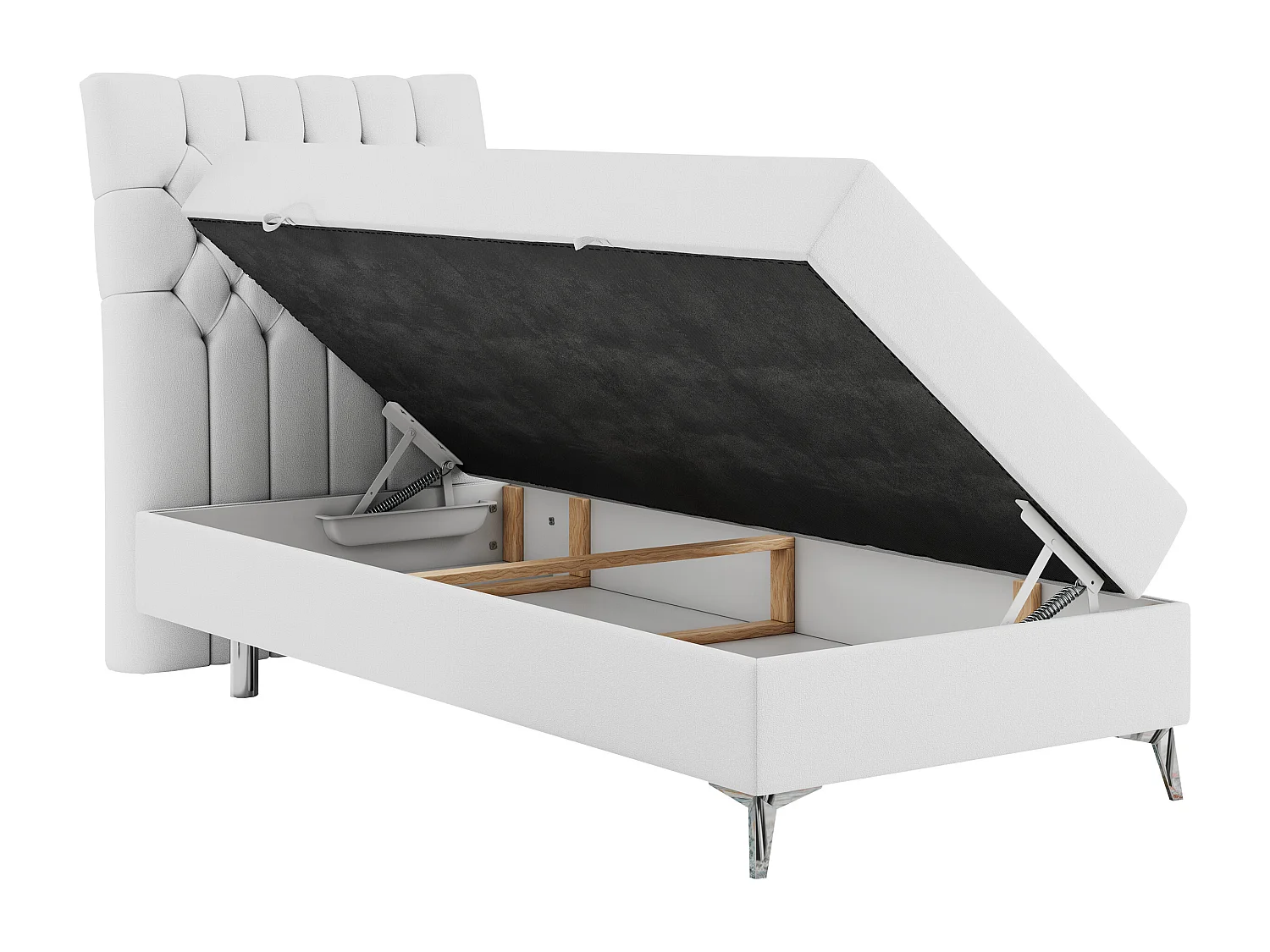Boxspringbett MILEN - Polsterbett auf Metallbeine, Set mit Multipocket-Matratze, Gesteppte Kopfstütze - 90x200 cm - H4 - Weiß Kunstleder - Links Seite