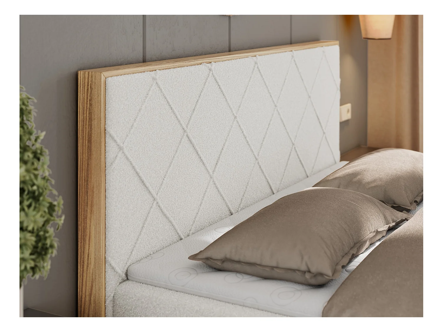 Boxspringbett CAICOS - mit gestepptem Kopfteil, Multipocket-Matratze und Topper, Holzelementen - 180x200 cm - H4 - Weiß Boucle